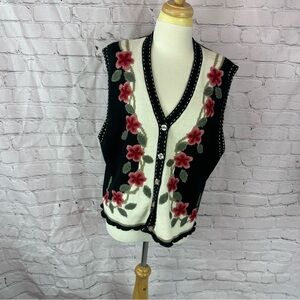 Susan Bristol V-Neck Sweater Vest with Red Floral Design